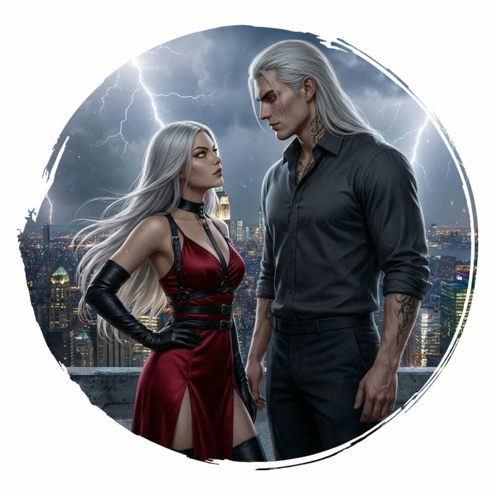 Саргон Вард, лидер Aurum Tenebris, и Амина Арден на фоне сурового пейзажа Амбразеса в стиле дарк-фэнтези.